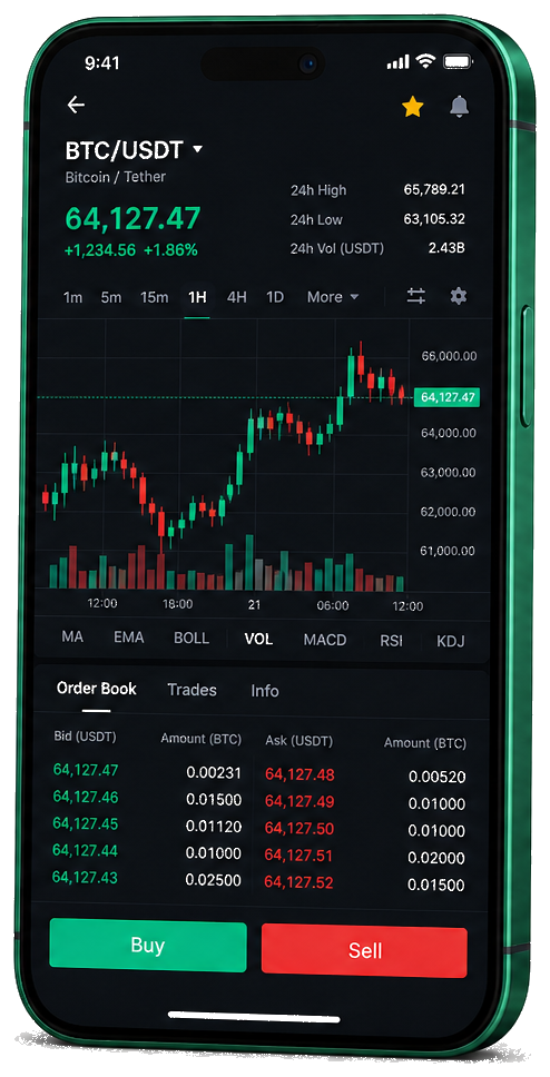 Piattaforma Luna Redisto su smartphone — grafico live BTC/USDT, order book e pannello di controllo operazioni